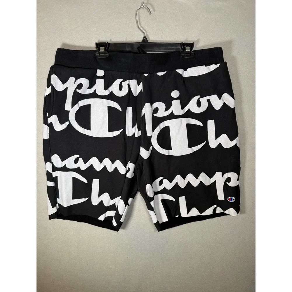 Champion LIFE Reverse Weave Shorts Mens 3XL Black All Over Script Logo Print